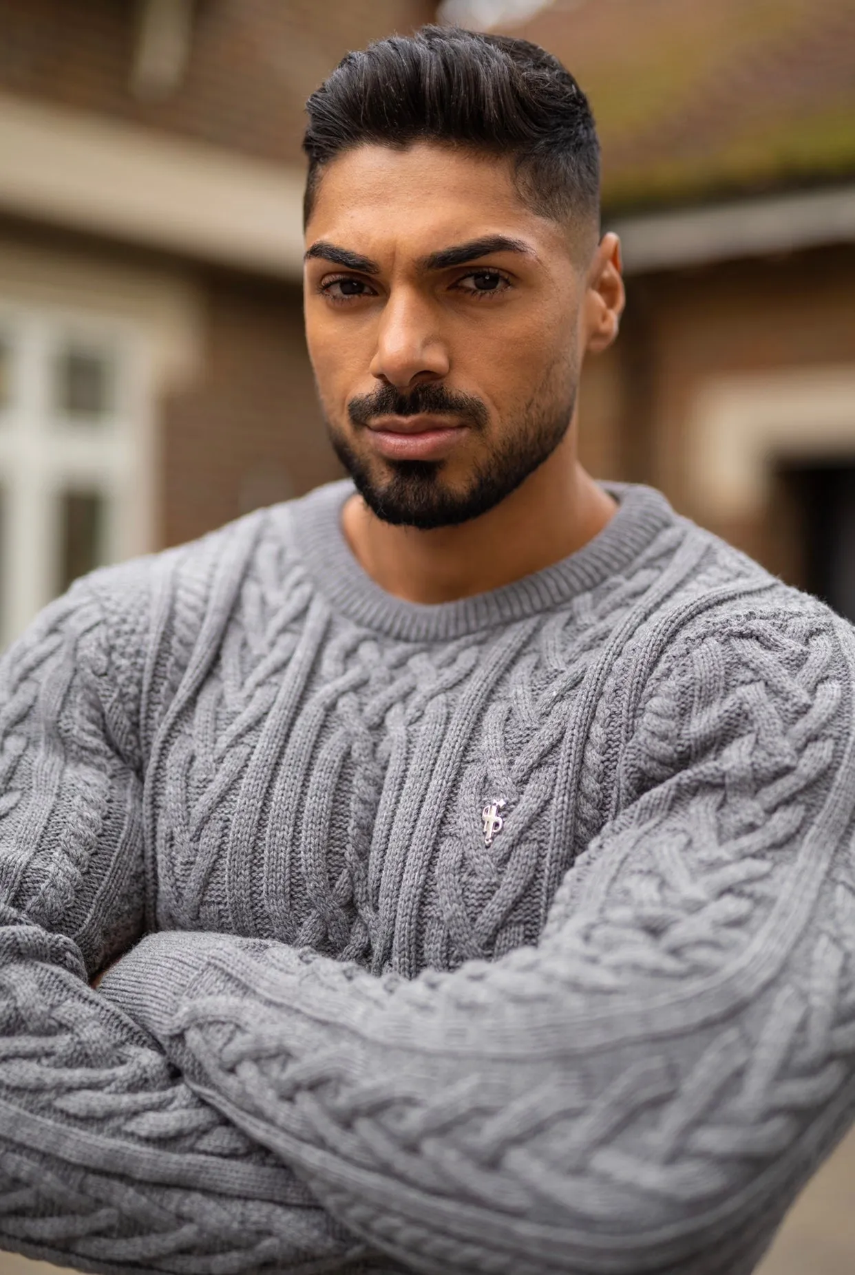 Father Sons Grey Twisted Braid Weave Super Slim Jumper With Silver Decal - FSJ035
