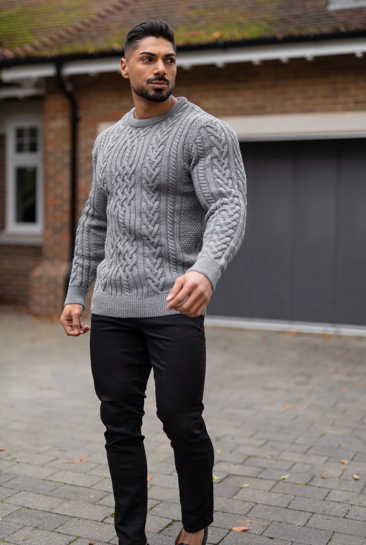 Father Sons Grey Twisted Braid Weave Super Slim Jumper With Silver Decal - FSJ035
