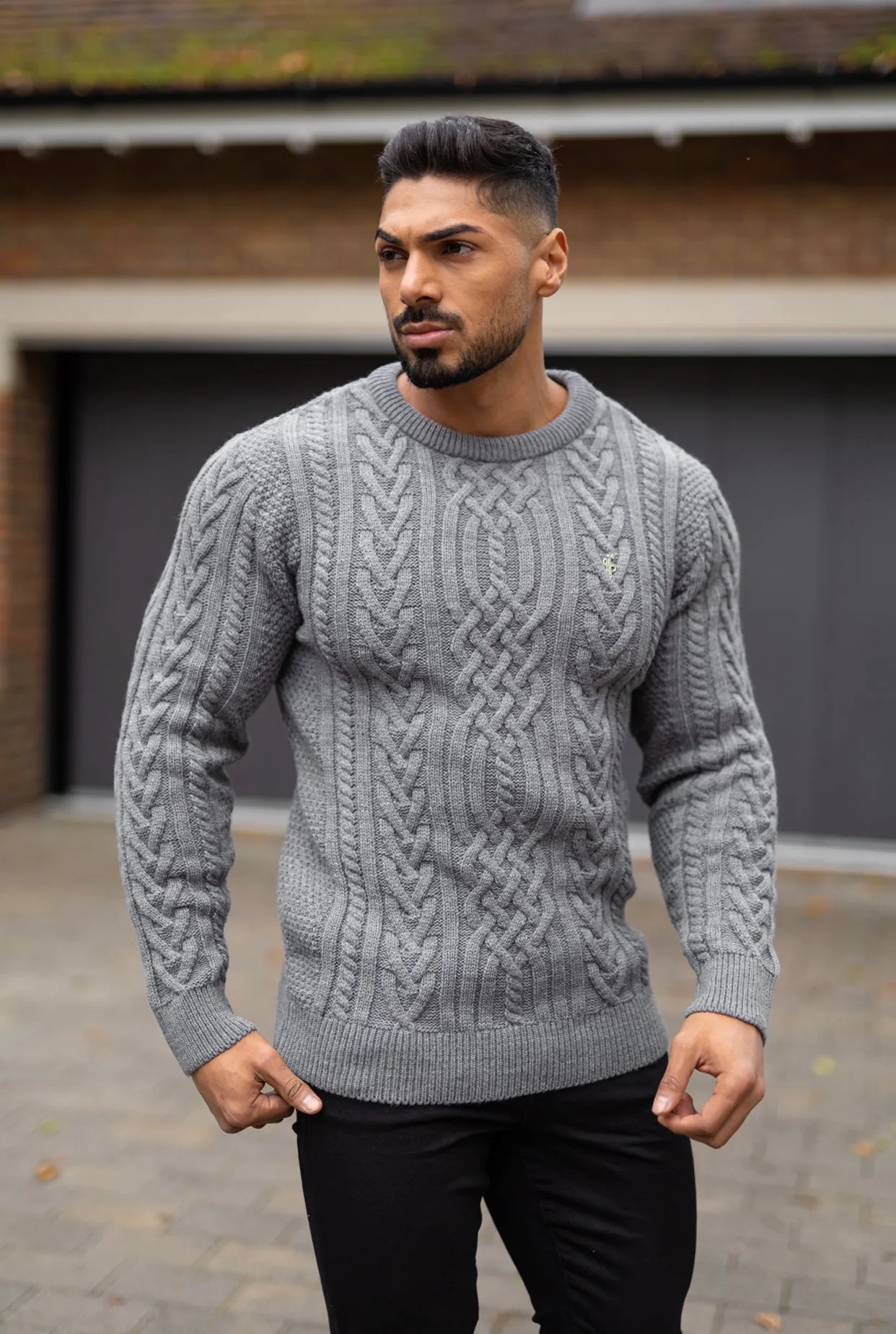 Father Sons Grey Twisted Braid Weave Super Slim Jumper With Silver Decal - FSJ035