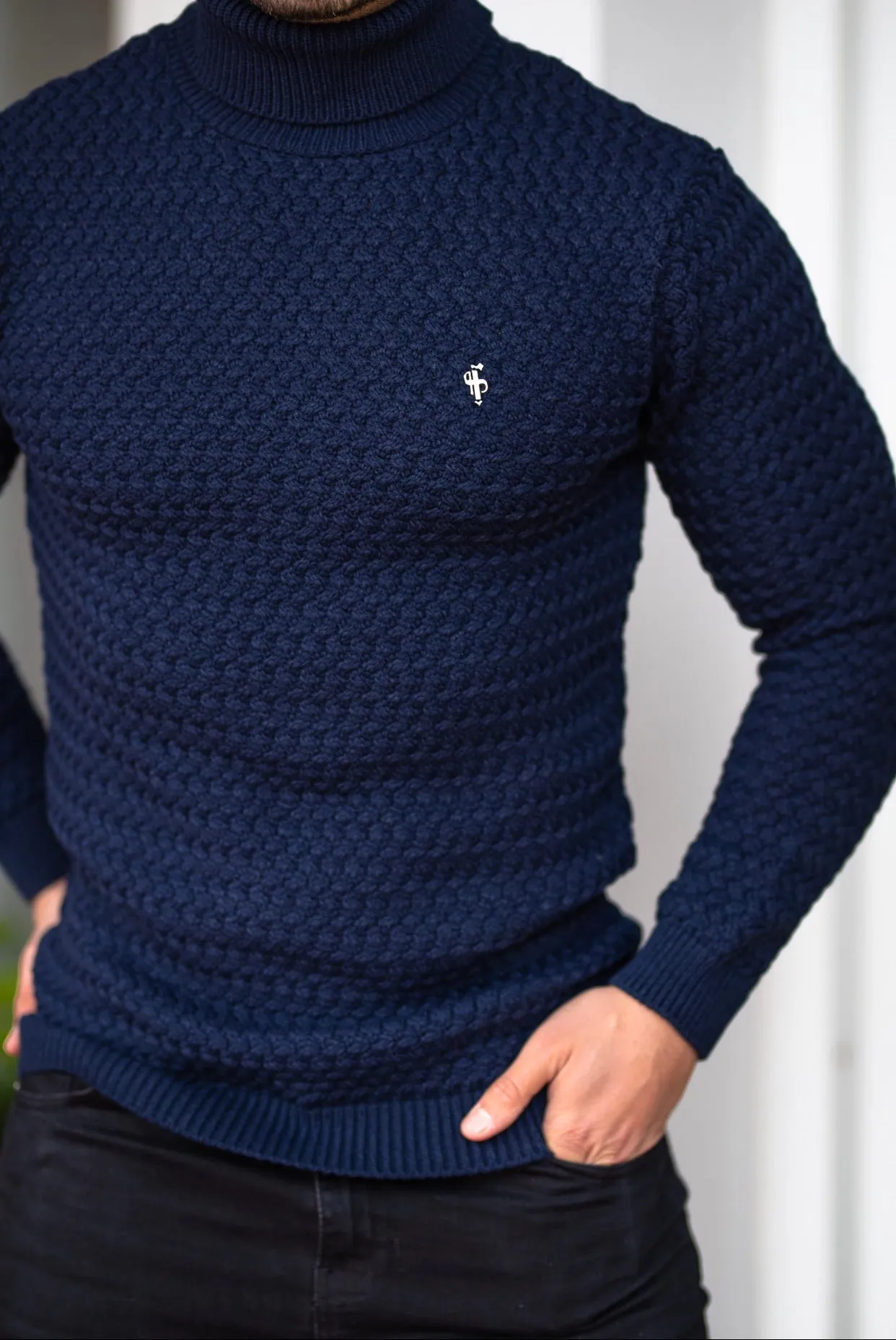 Father Sons Navy Knitted Roll Neck Weave Super Slim Jumper With Metal Decal - FSJ025