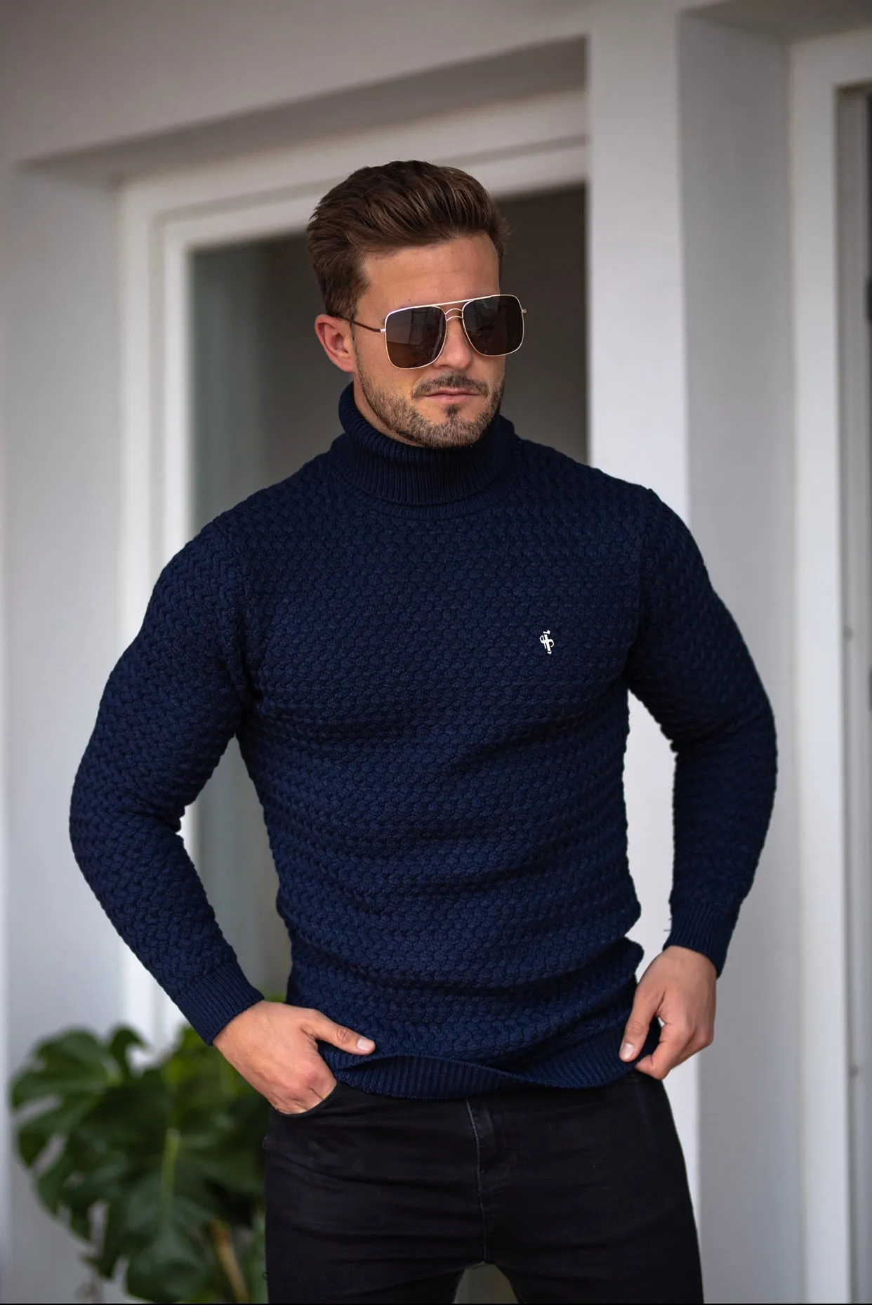 Father Sons Navy Knitted Roll Neck Weave Super Slim Jumper With Metal Decal - FSJ025