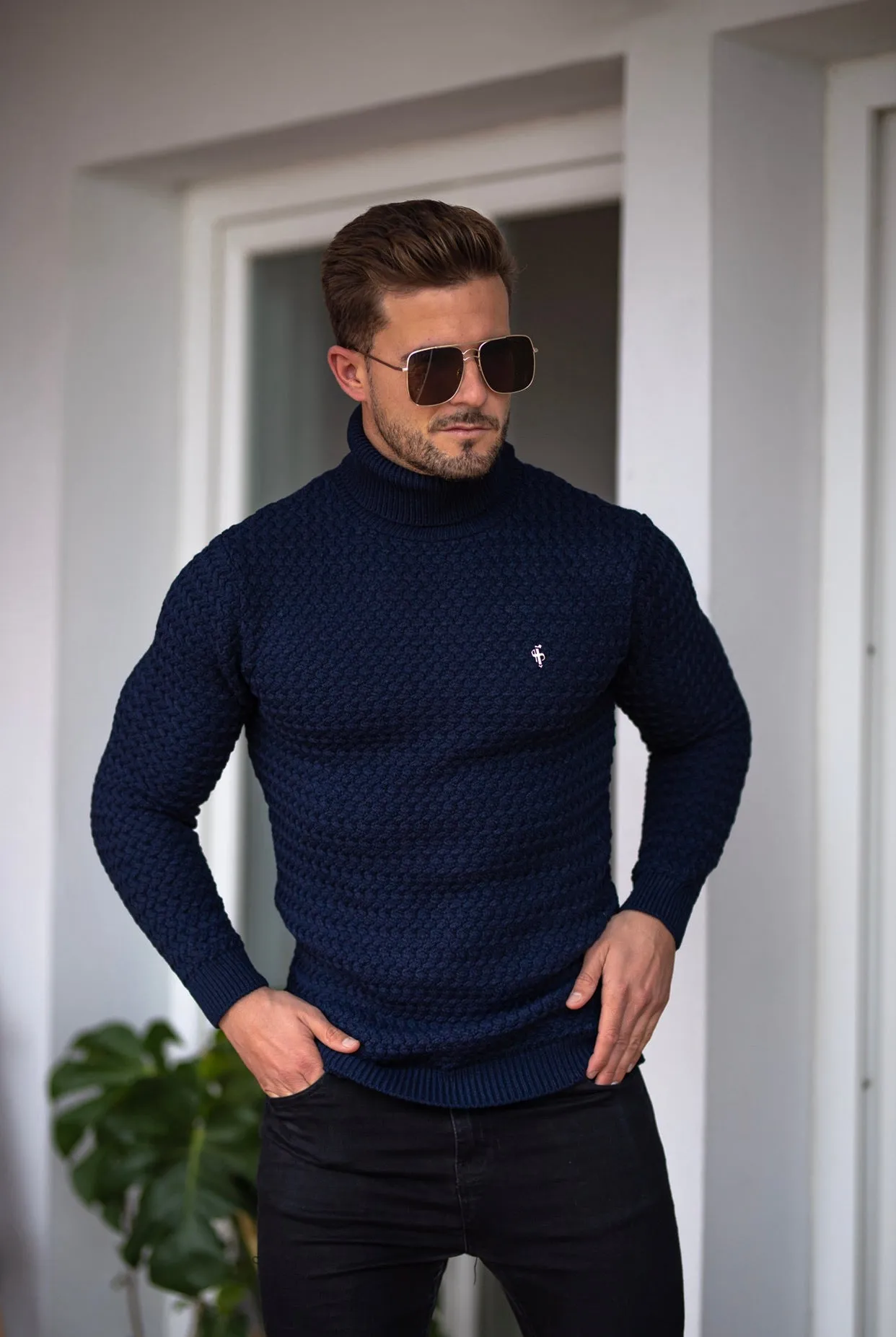 Father Sons Navy Knitted Roll Neck Weave Super Slim Jumper With Metal Decal - FSJ025