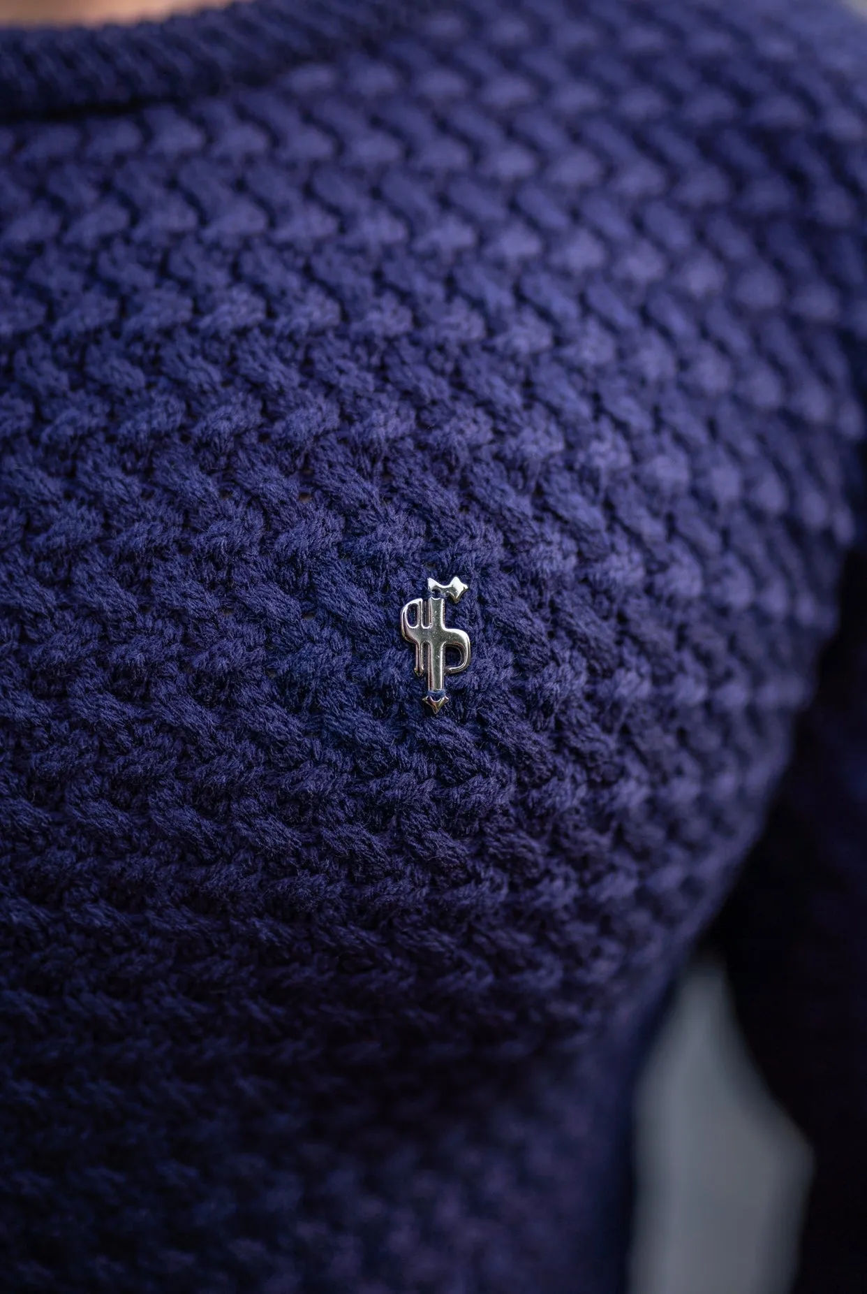 Father Sons Navy Knitted Weave Super Slim Jumper With Metal Decal - FSJ013
