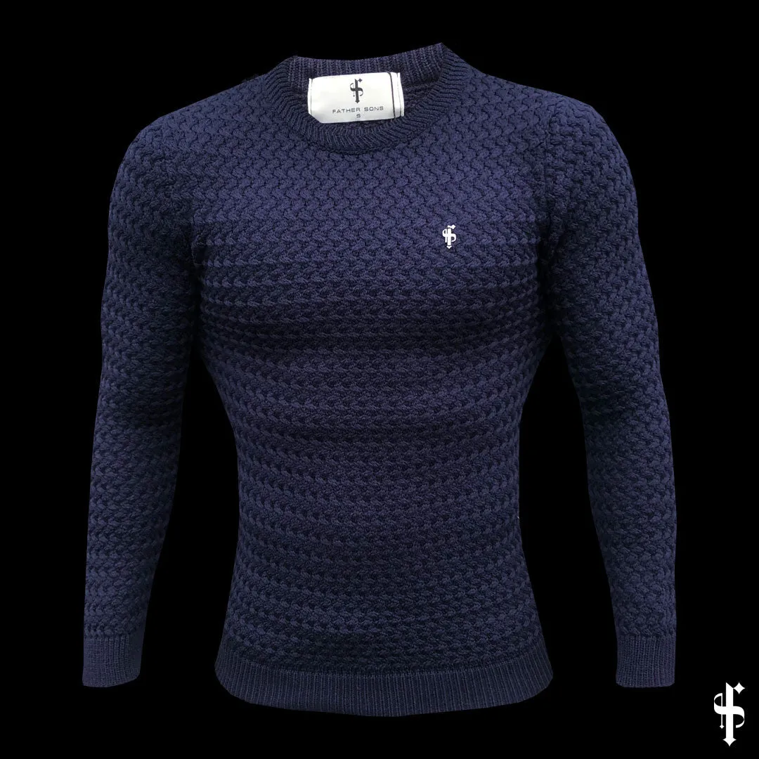 Father Sons Navy Knitted Weave Super Slim Jumper With Metal Decal - FSJ013