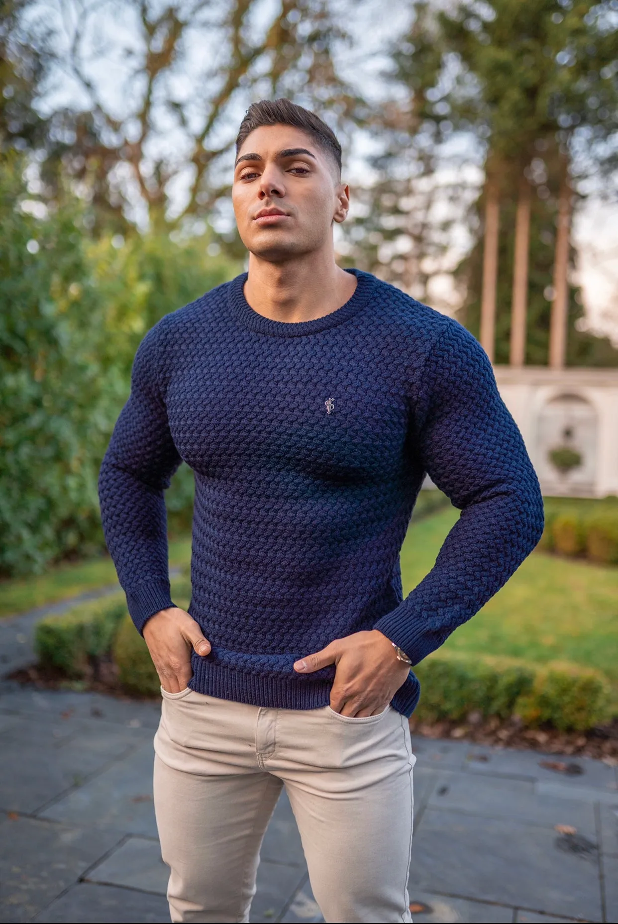 Father Sons Navy Knitted Weave Super Slim Jumper With Metal Decal - FSJ013