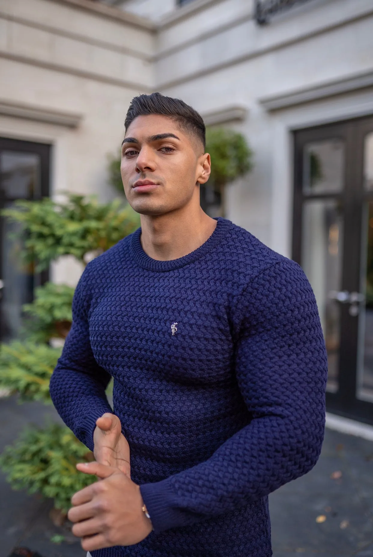 Father Sons Navy Knitted Weave Super Slim Jumper With Metal Decal - FSJ013