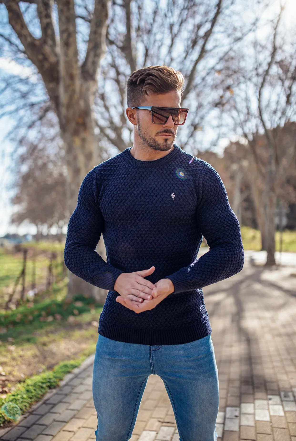 Father Sons Navy Knitted Weave Super Slim Jumper With Metal Decal - FSJ013