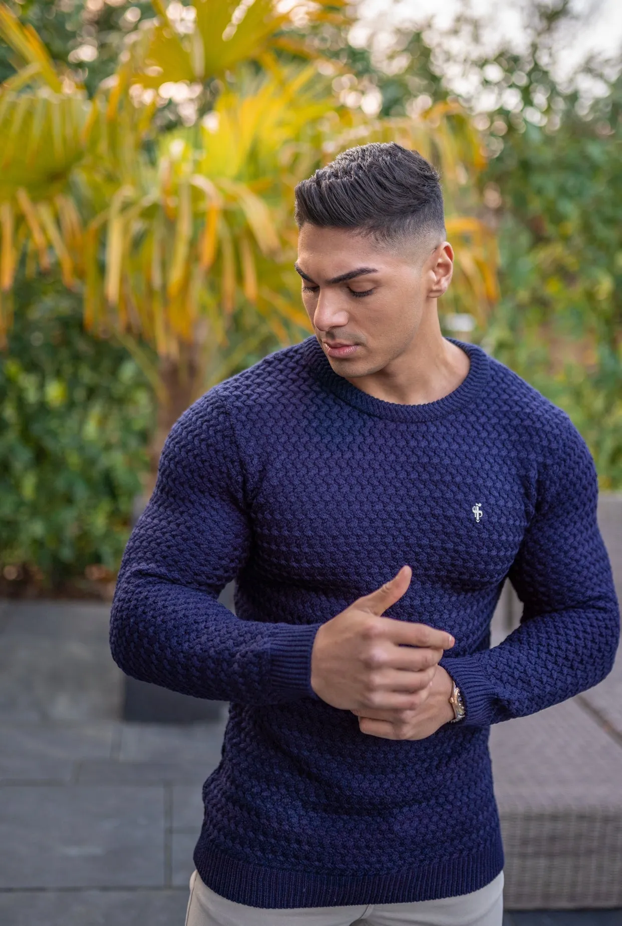 Father Sons Navy Knitted Weave Super Slim Jumper With Metal Decal - FSJ013