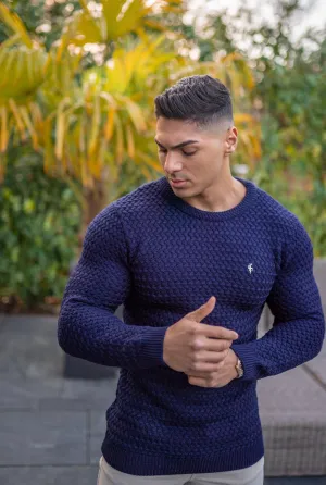 Father Sons Navy Knitted Weave Super Slim Jumper With Metal Decal - FSJ013