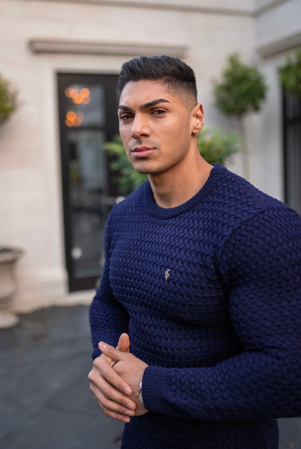 Father Sons Navy Knitted Weave Super Slim Jumper With Metal Decal - FSJ013