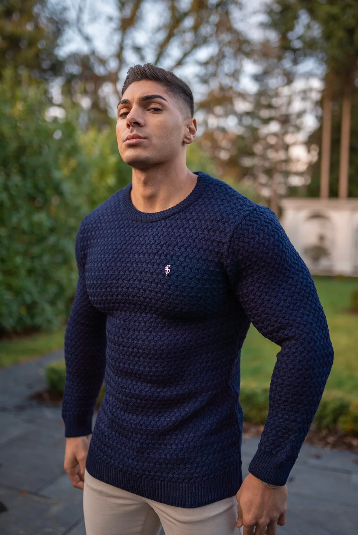 Father Sons Navy Knitted Weave Super Slim Jumper With Metal Decal - FSJ013