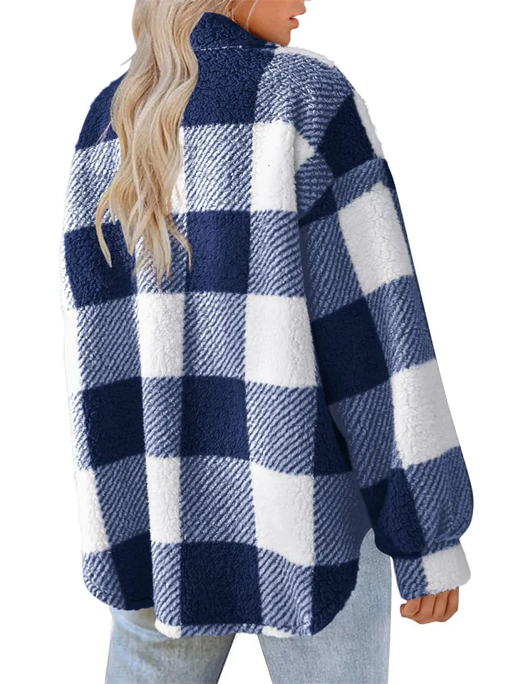 Female Casual Thermal Lapel Button Plaid Cashmere Coat