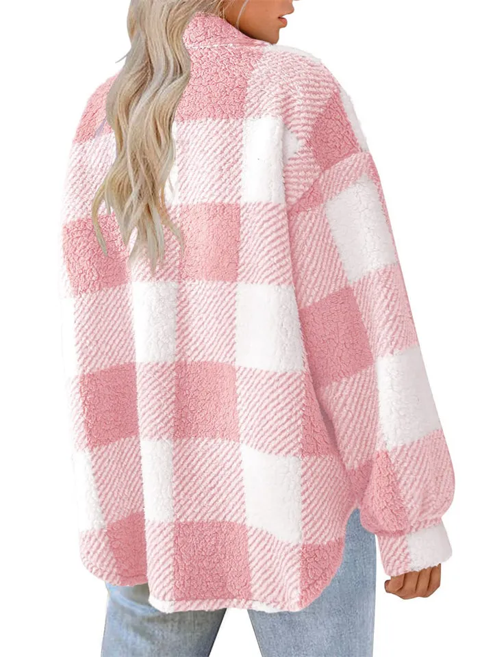 Female Casual Thermal Lapel Button Plaid Cashmere Coat
