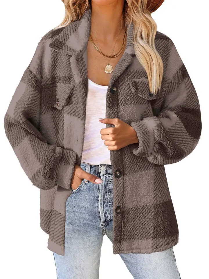 Female Casual Thermal Lapel Button Plaid Cashmere Coat