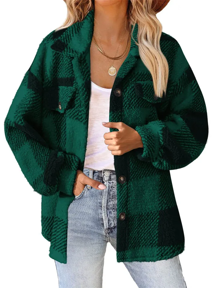 Female Casual Thermal Lapel Button Plaid Cashmere Coat