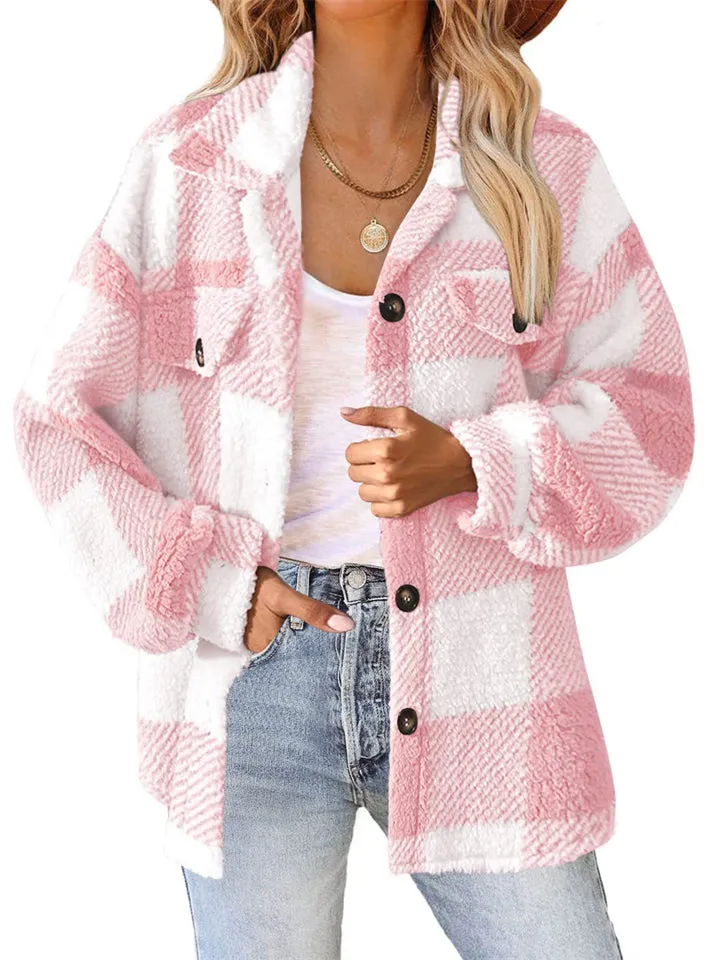 Female Casual Thermal Lapel Button Plaid Cashmere Coat