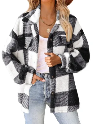 Female Casual Thermal Lapel Button Plaid Cashmere Coat