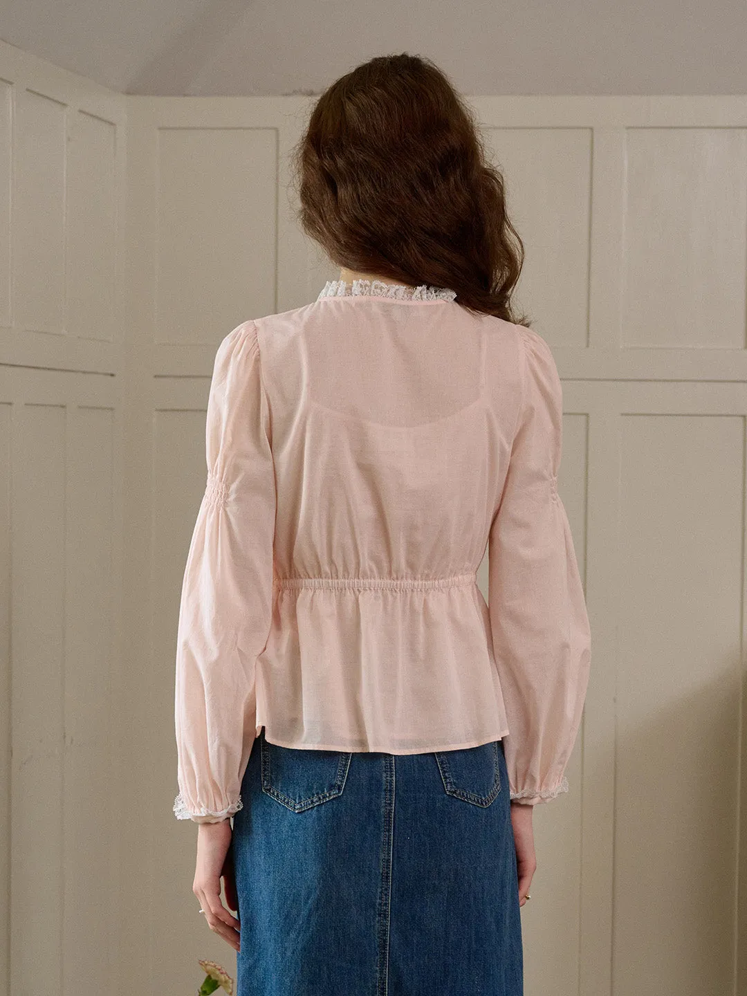 【Final Sale】Aileen Contrast Lace Round Neck Bow Cotton Blouse
