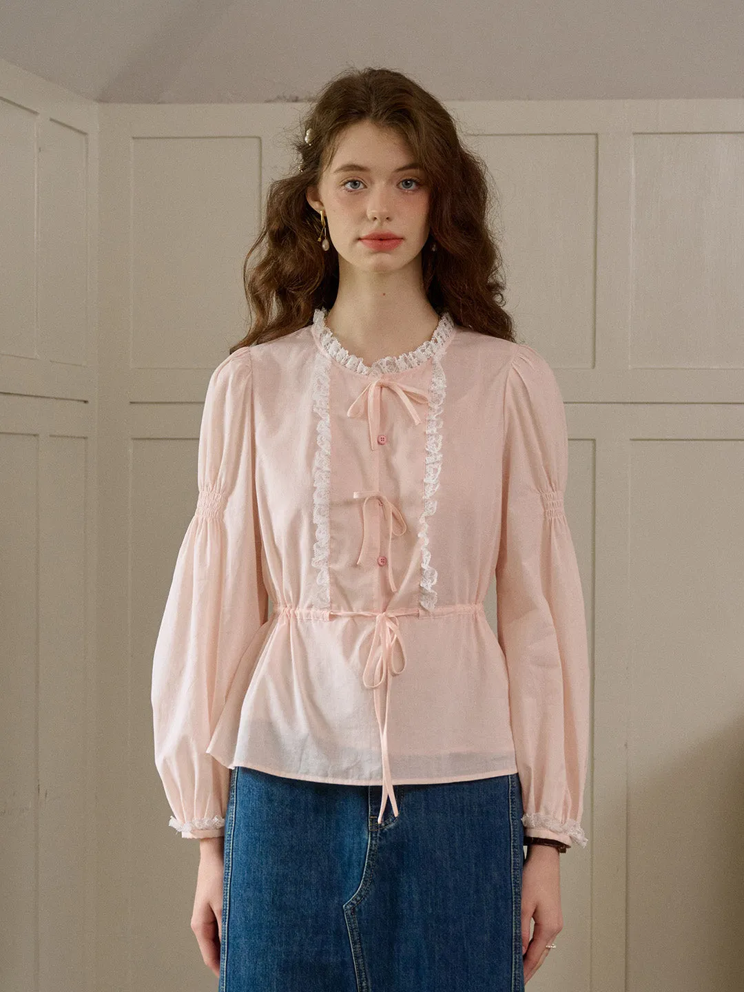 【Final Sale】Aileen Contrast Lace Round Neck Bow Cotton Blouse