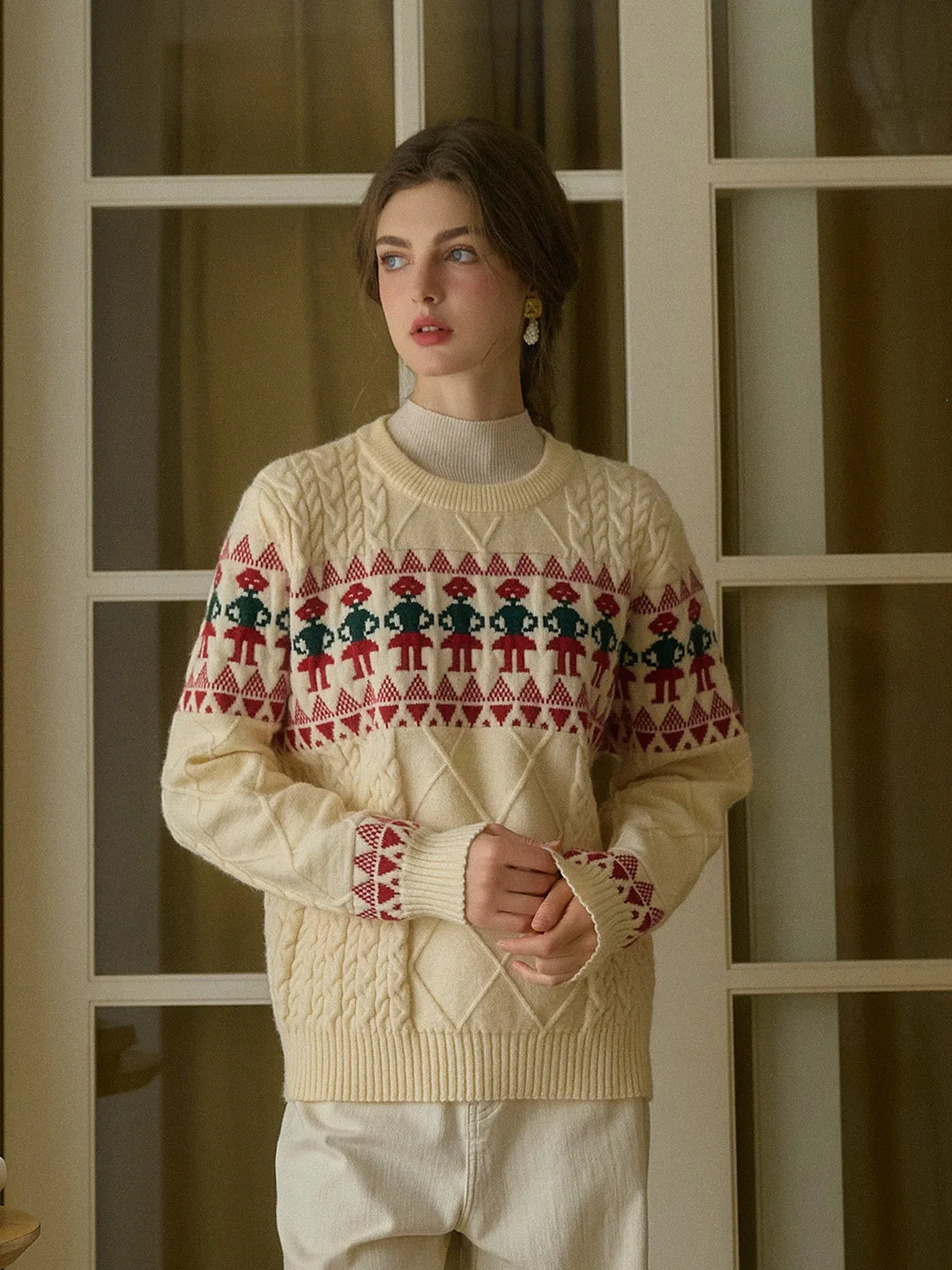 【Final Sale】Alianna Fair Isle Ribbed Round Neck Christmas Pattern Knit Sweater