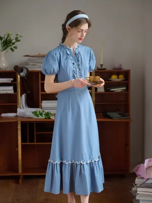 【Final Sale】Amelie Lace Collar Trimmed Lace-up Puff Sleeves 100% Cotton Dress