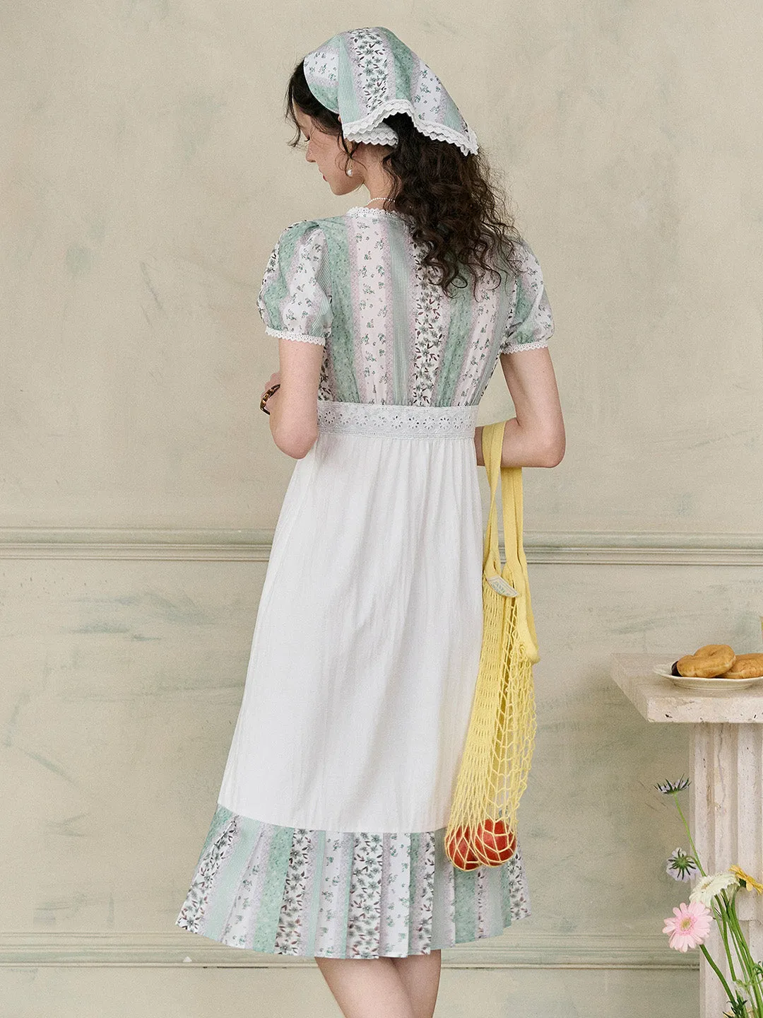 【Final Sale】Bria Square Collar Contrasting Trimmed Floral Pleated Dress