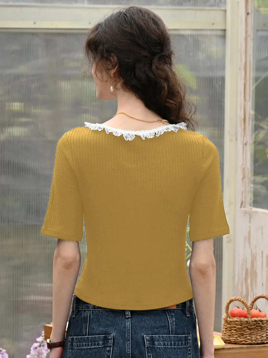 【Final Sale】Emerie V-neck Contrast Lace Panel Bow Knitted Top - Yellow
