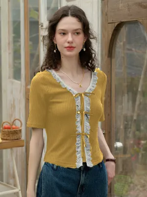 【Final Sale】Emerie V-neck Contrast Lace Panel Bow Knitted Top - Yellow