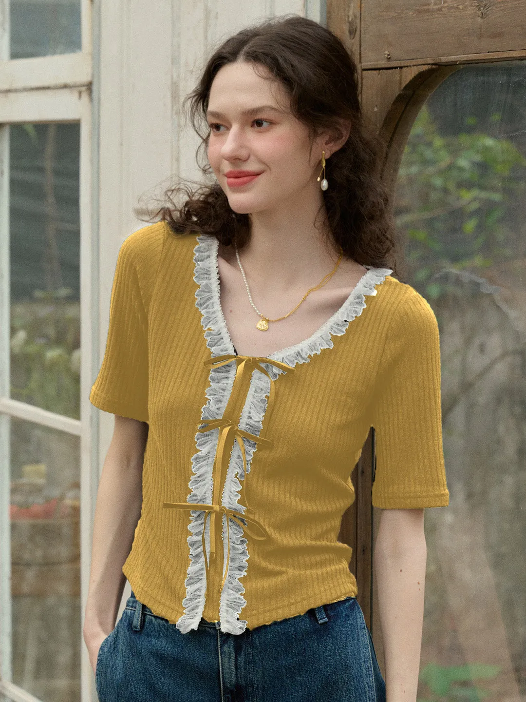 【Final Sale】Emerie V-neck Contrast Lace Panel Bow Knitted Top - Yellow