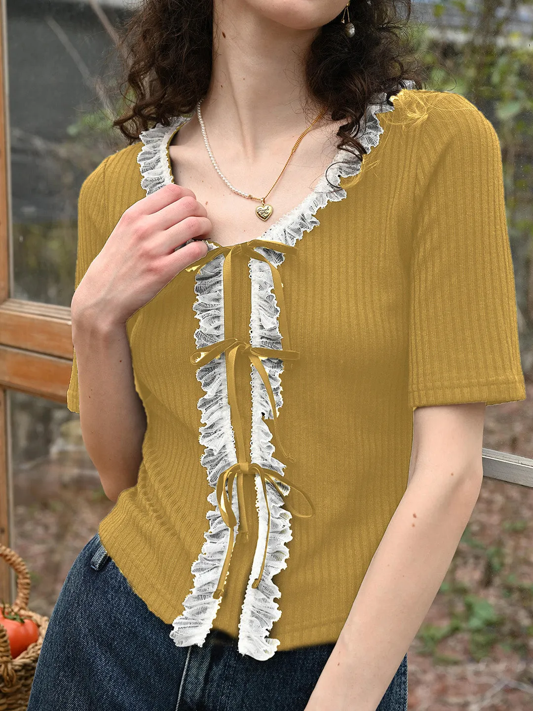 【Final Sale】Emerie V-neck Contrast Lace Panel Bow Knitted Top - Yellow