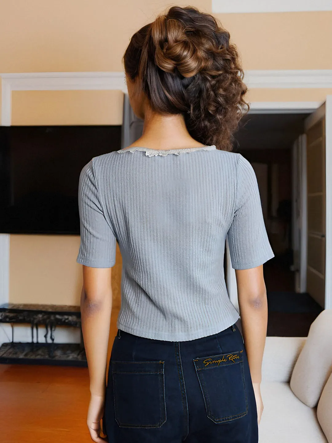 【Final Sale】Emerie V-neck Contrast Lace Panel Bow Knitted Top