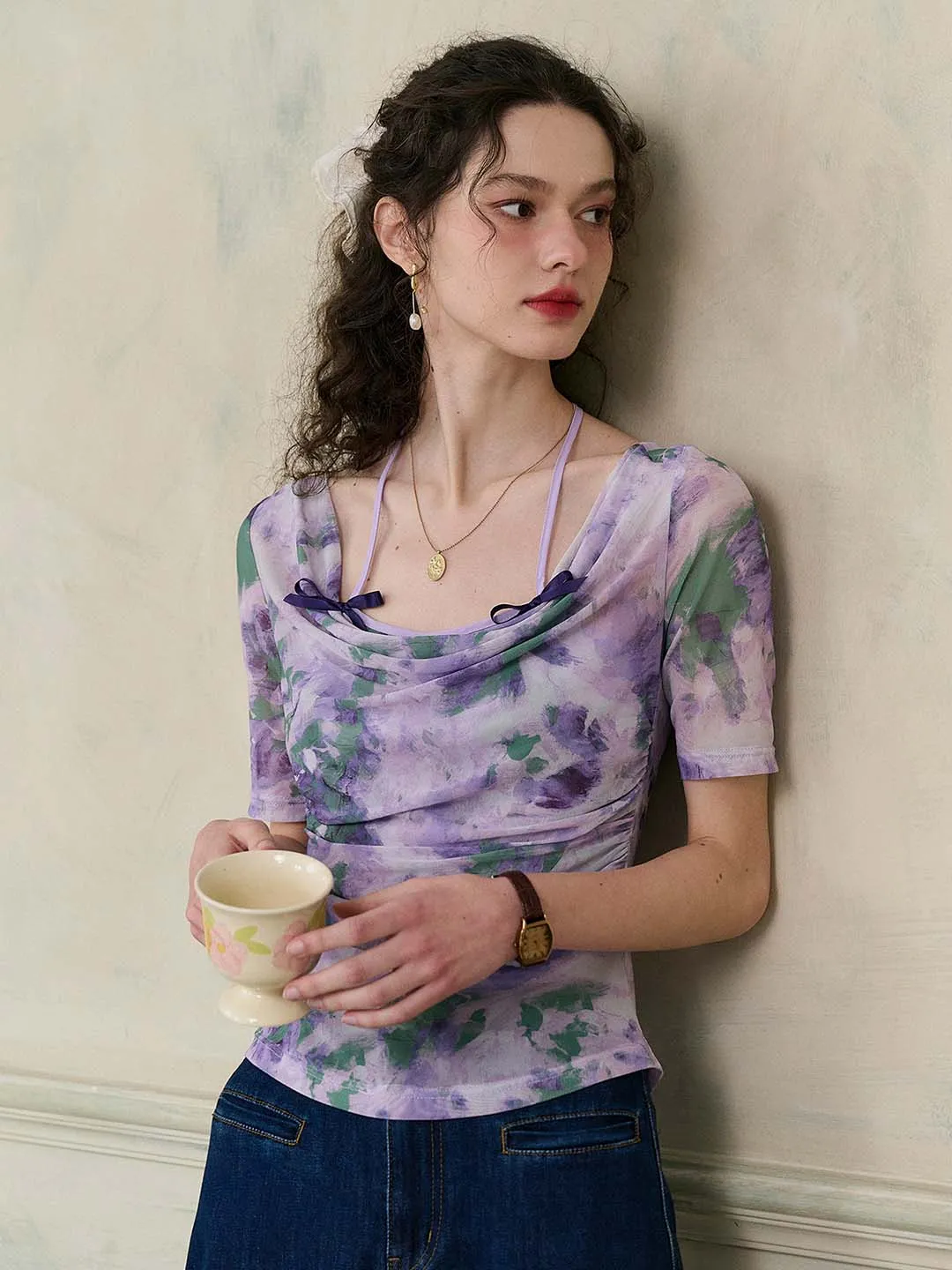 【Final Sale】Frankie Floral Print Contrast Color Bow Top
