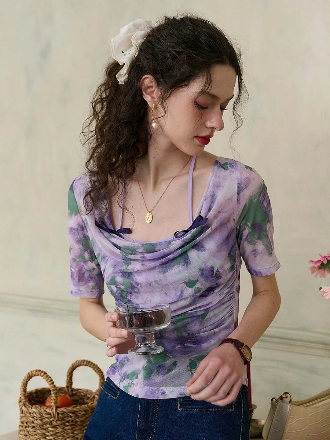 【Final Sale】Frankie Floral Print Contrast Color Bow Top
