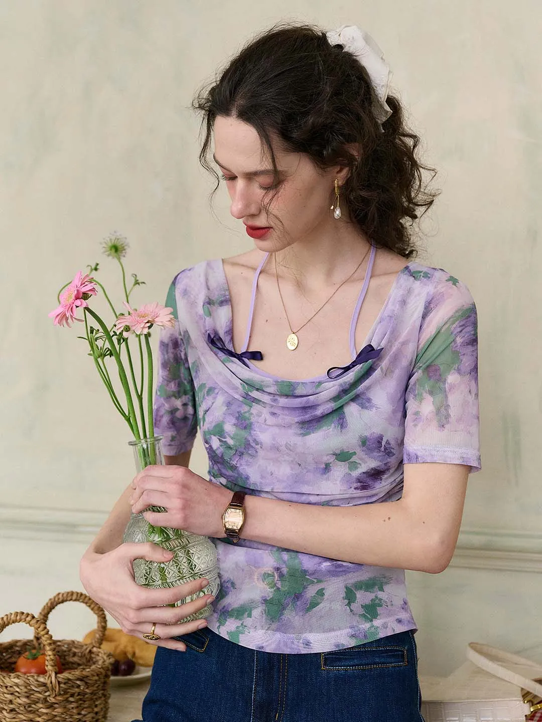【Final Sale】Frankie Floral Print Contrast Color Bow Top