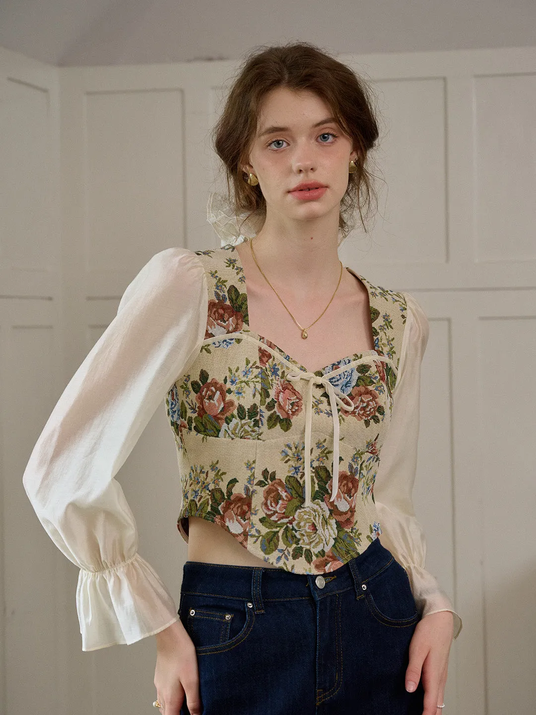 【Final Sale】Hana French Square Neck Bow Bell Sleeve Floral Patchwork Eedwardian Style Top