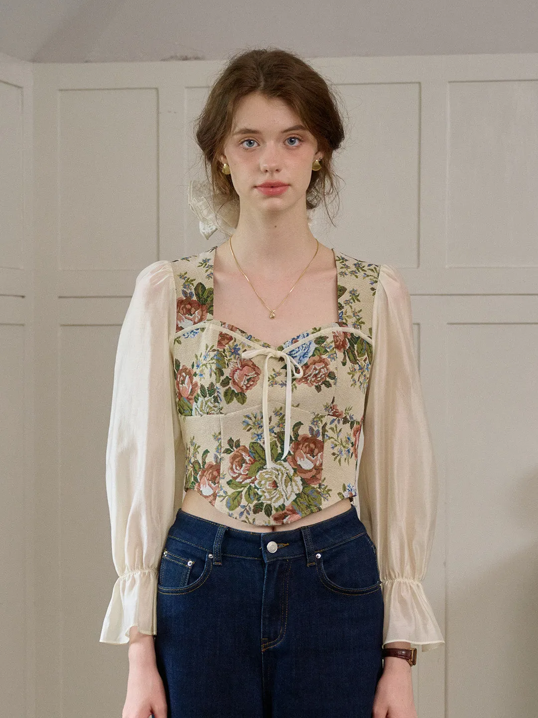 【Final Sale】Hana French Square Neck Bow Bell Sleeve Floral Patchwork Eedwardian Style Top