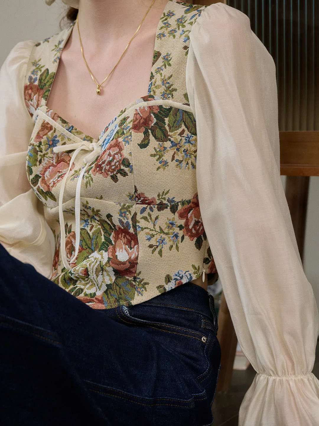 【Final Sale】Hana French Square Neck Bow Bell Sleeve Floral Patchwork Eedwardian Style Top