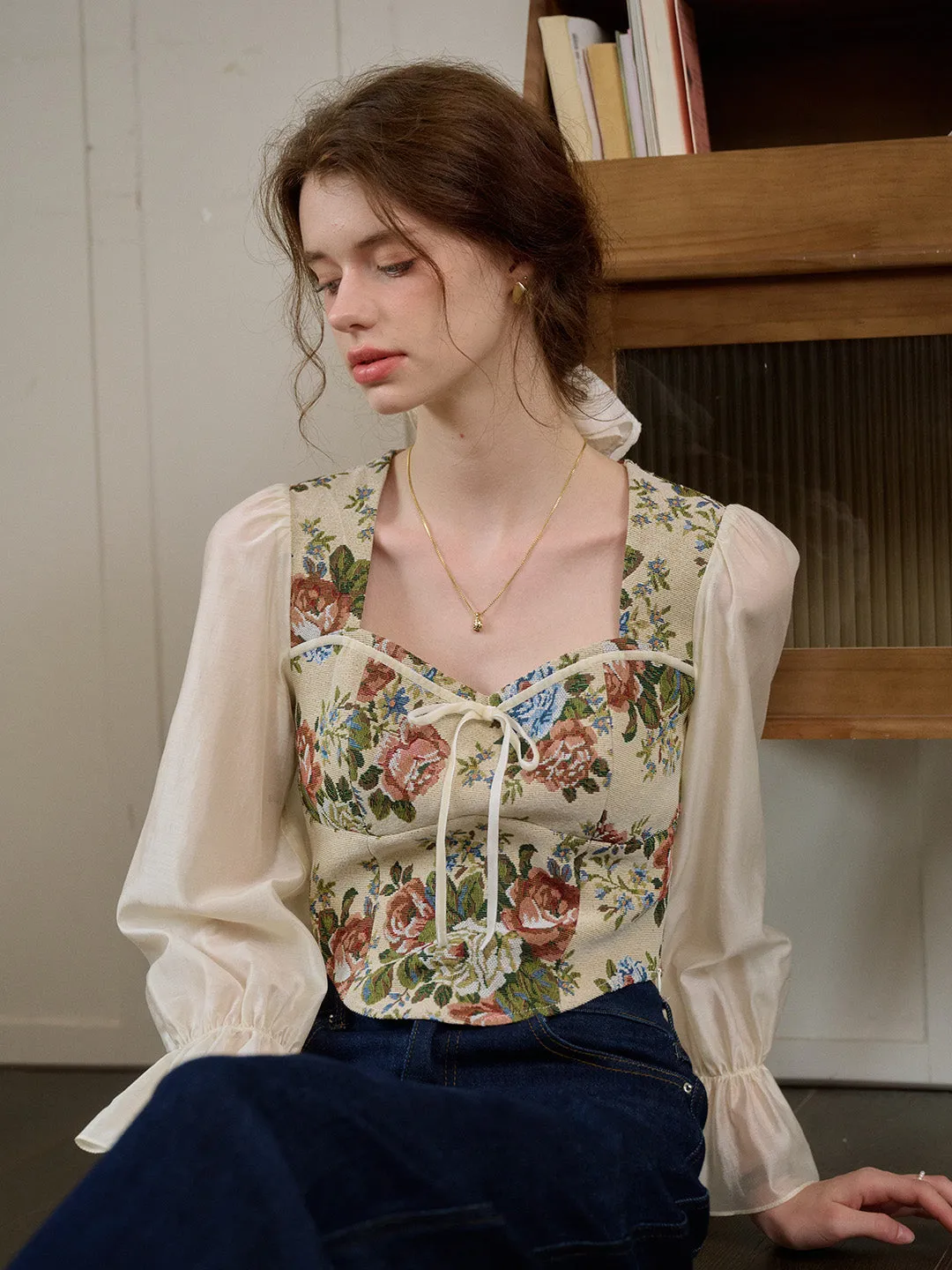 【Final Sale】Hana French Square Neck Bow Bell Sleeve Floral Patchwork Eedwardian Style Top