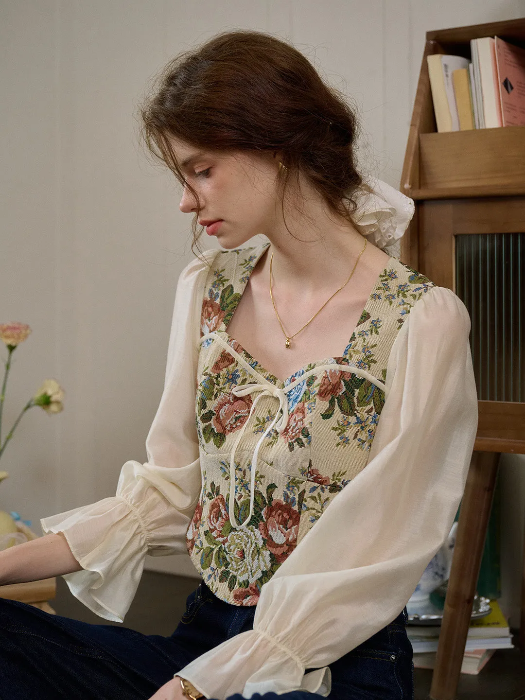 【Final Sale】Hana French Square Neck Bow Bell Sleeve Floral Patchwork Eedwardian Style Top