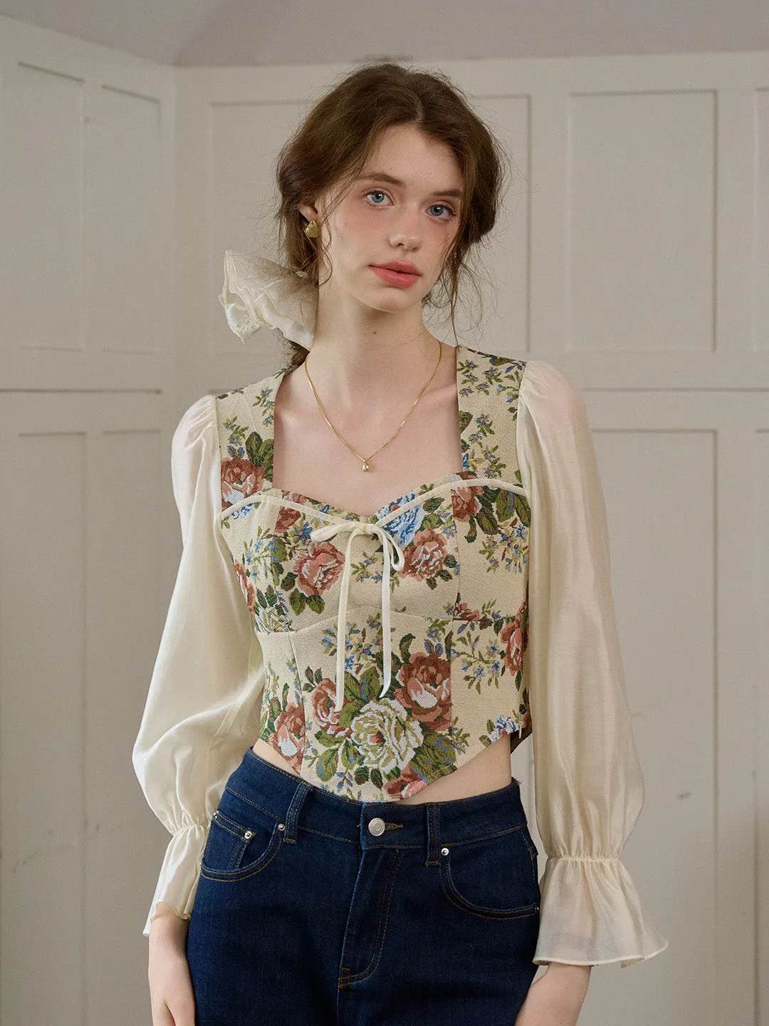【Final Sale】Hana French Square Neck Bow Bell Sleeve Floral Patchwork Eedwardian Style Top