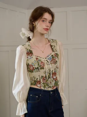 【Final Sale】Hana French Square Neck Bow Bell Sleeve Floral Patchwork Eedwardian Style Top