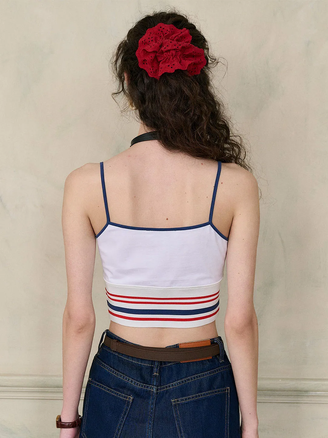 【Final Sale】Jessica Small V-neck Contrast Bow Striped Cotton Camisole Top