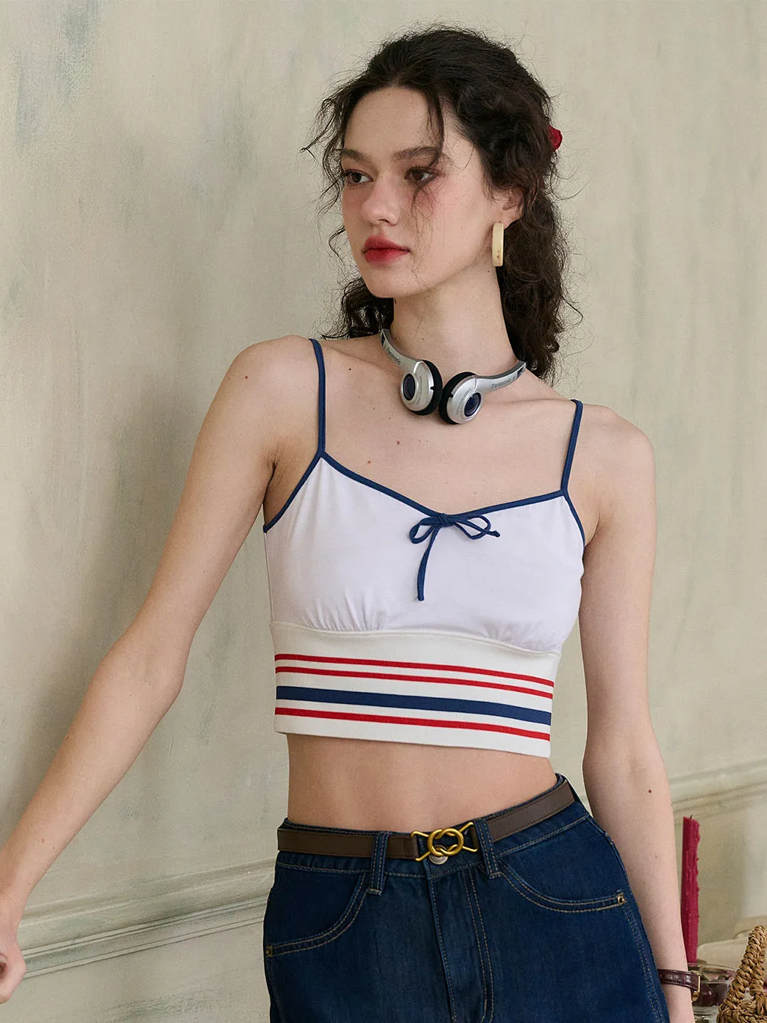 【Final Sale】Jessica Small V-neck Contrast Bow Striped Cotton Camisole Top