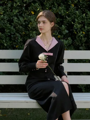 【Final Sale】Karter Notched Lapel Contrasting Button Bow Dress