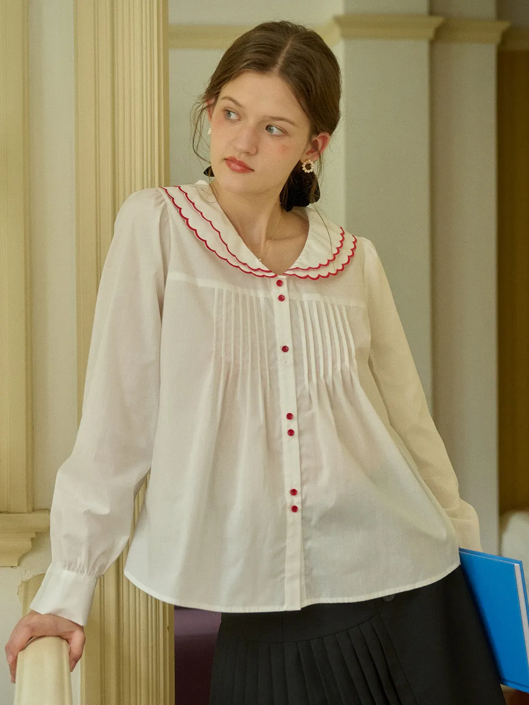 【Final Sale】Lilyana Doll Collar Contrasting Button Pleated Blouse