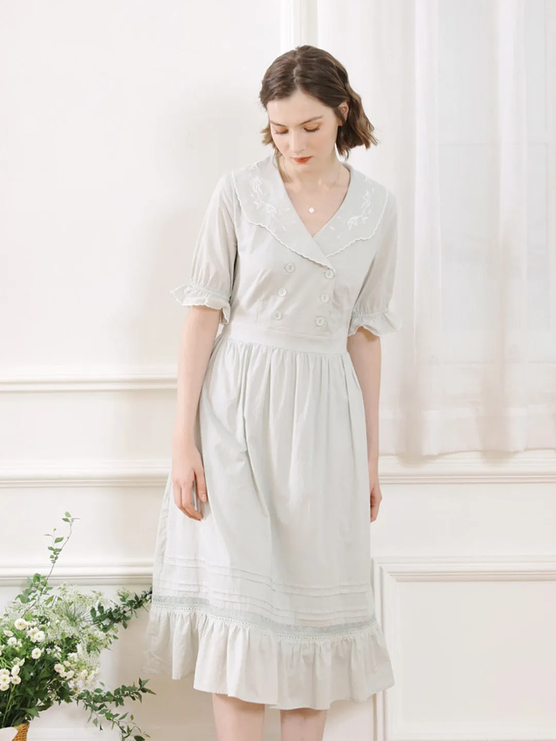 【Final Sale】Magen Retro Notched Collar Back Lace-up Cotton Dress