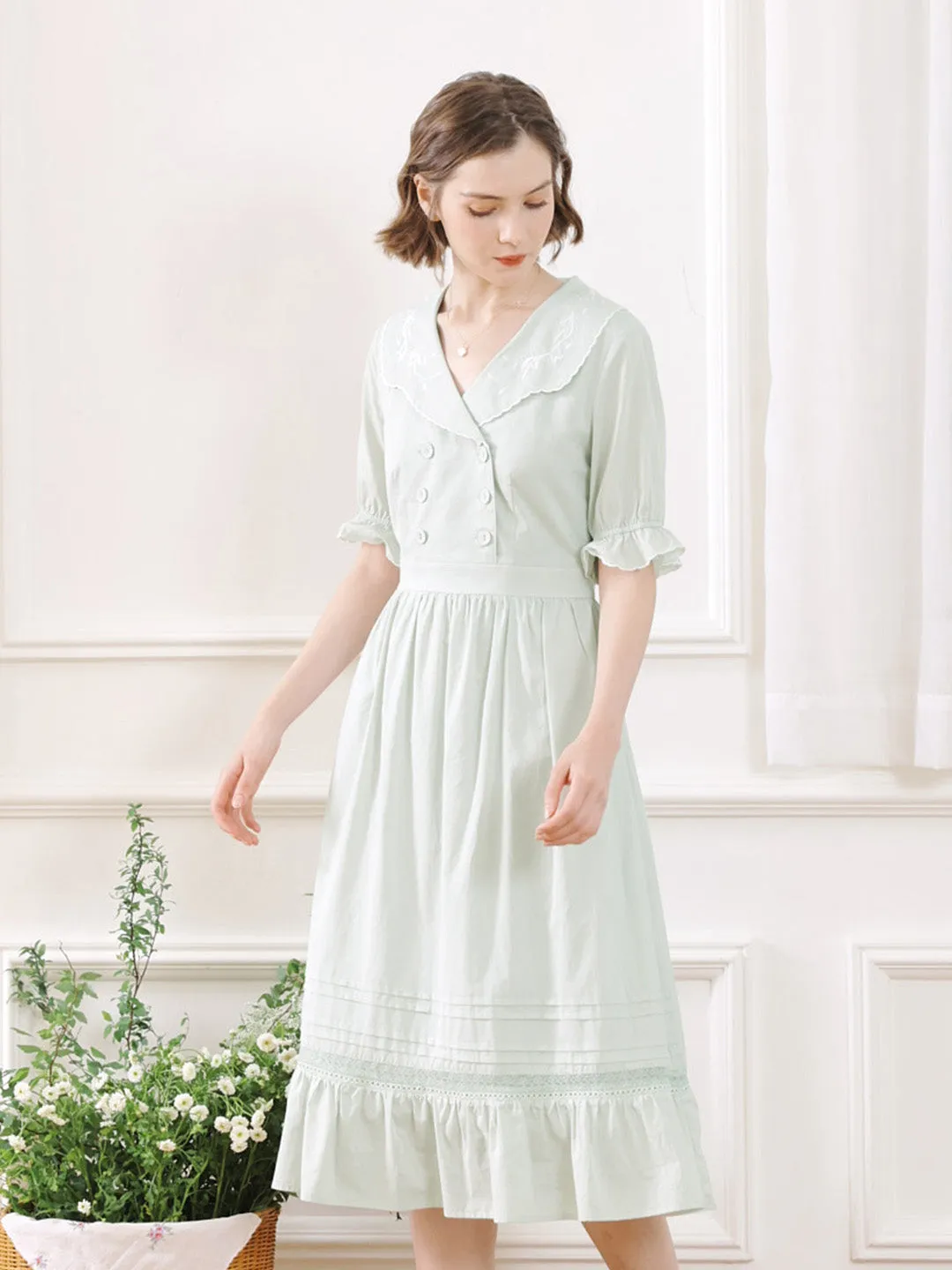 【Final Sale】Magen Retro Notched Collar Back Lace-up Cotton Dress
