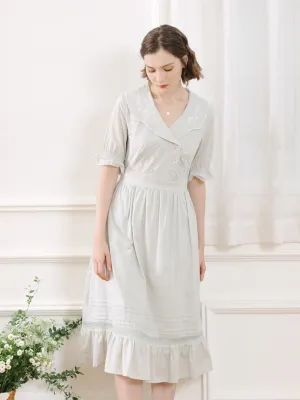 【Final Sale】Magen Retro Notched Collar Back Lace-up Cotton Dress