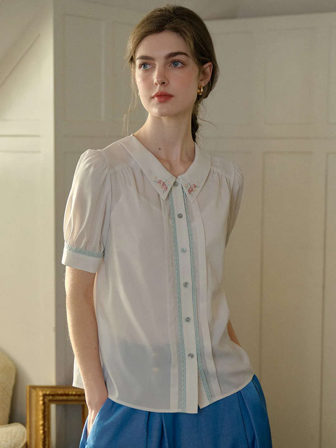 【Final Sale】Maia Floral Embroidered Lapel Contrast Lace Puff Sleeve Chiffon Shirt