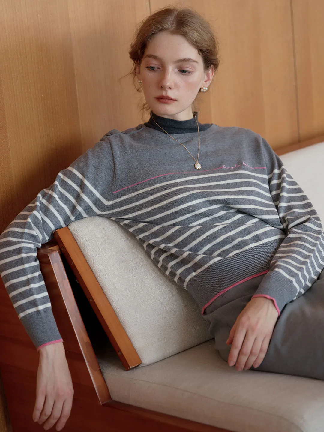【Final Sale】Nori Vintage Striped Contrast Crewneck Knit Top-Grey